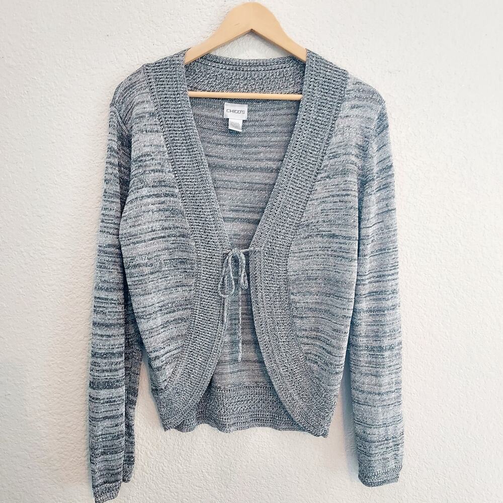 Chico's Gray Tight Knit Marled Fabric Open Cardigan w/Center Tie Size 1